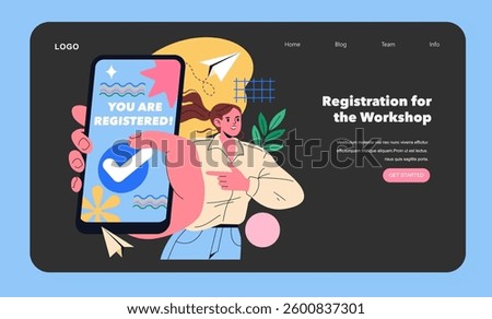 Registration for a workshop on a digital platform. A hand holds a smartphone displaying confirmation text. Engaging visuals create an inviting atmosphere for potential participants. Vector