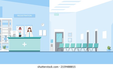 regitration in front of room at hospital on flat style. Vector illustration cartoon character