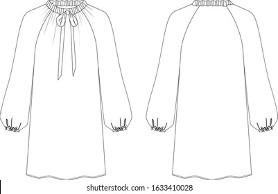 Reglan long sleeve blouse with bow on the neck, front and back view, vector fashion illustration