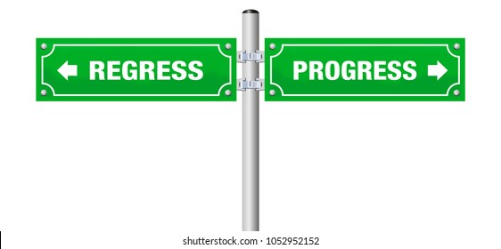 REGRESS and PROGRESS, written on two signposts. Isolated vector illustration on white background.