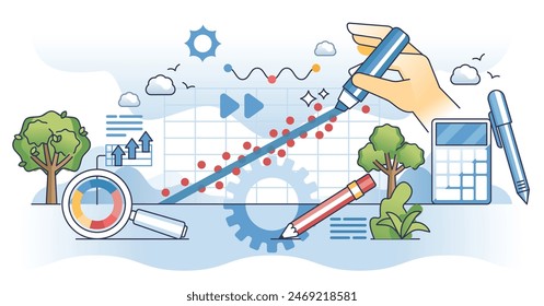 Regression analysis as statistical data interpretation outline hands concept. Find variable outcome from analytical chart with results vector illustration. Linear graph with forecasting presentation