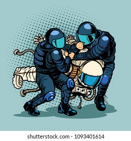 regression and progress concept, police arrested the astronaut. Pop art retro vector illustration vintage kitsch drawing