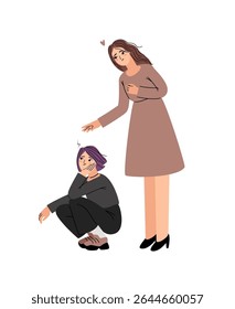Regret about quarrel between close people vector illustration. Mother wants to make peace with her daughter original artwork