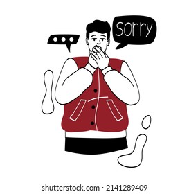 Regret or embarrassed people. Guy covers his mouth with his hands. Student worries about his words and apologizes, person say sorry. Stickers for social networks. Cartoon flat vector illustration