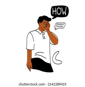 Regret or embarrassed people. Guy covers his face with his hand and says how. Student upset by his mistake or failure in front of others. Difficulties at work. Cartoon flat vector illustration