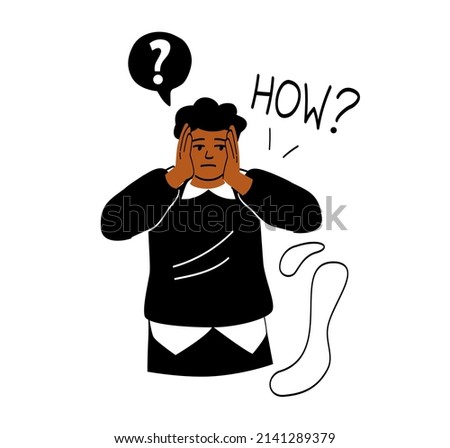 Regret or embarrassed people. Guy covers his head with his hands and asks how. Character surprised by his mistake, frustrated and angry student. Mistake and failure. Cartoon flat vector illustration