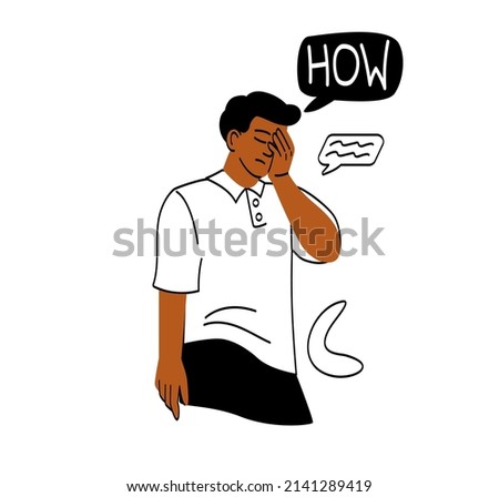 Regret or embarrassed people. Guy covers his face with his hand and says how. Student upset by his mistake or failure in front of others. Difficulties at work. Cartoon flat vector illustration