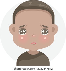 regret kid negative emotions set of african little boy face. child expressing sad, crying and feeling bad.