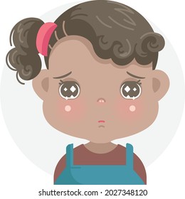 regret kid negative emotions set of african ittle girl  face. child expressing sad, crying and feeling bad.
