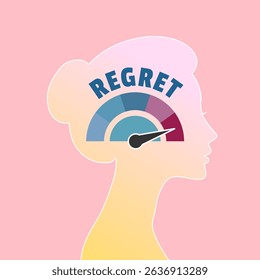 Regret level meter on a woman head profile view. Concept illustration - negative emotion.