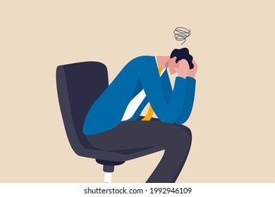 Regret on business mistake, frustration or depressed, stupidity or foolish losing all money, stressed and anxiety on failure concept, frustrated businessman holding his head sitting alone on the chair