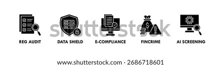 Regtech banner web icon illustration concept with icon of reg audit, data shield, e-compliance, fincrime, and ai screening