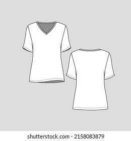 Regular basic ribbed v neck short sleeve fashion blouse t shirt top flat sketch technical drawing template design vector