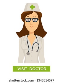 Regular check or examination visit doctor medical advice medicine and healthcare vector isolated character female therapist or physician in hat with cross and stethoscope in glasses hospital worker