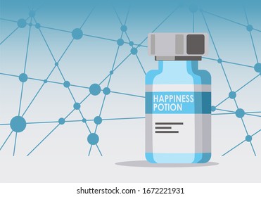 A regular chemistry glass bottle filled with a blue liquid called happiness potion. Lines with dots connected background