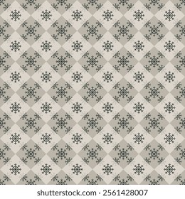 Regular Christmas snowflake texture on geometric rhombus background. Elegant seamless vector pattern for wrapping paper, textile and paper prints, greeting cards and gift boxes.