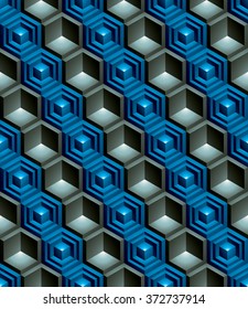 Regular colorful textured endless pattern with three-dimensional cubes, continuous vivid geometric background.