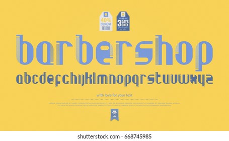 regular, comb style alphabet letters over yellow background. vector, contemporary font type. modern, hair brush typeface design. barber shop style typesetting