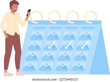 Regular content creating for social media flat concept vector spot illustration. Editable 2D cartoon character on white for web design. Engagement creative idea for website, mobile, magazine