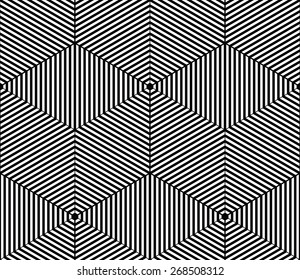 Regular contrast endless pattern with intertwine three-dimensional figures, continuous illusory geometric background.