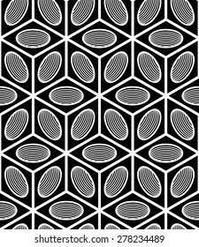 Regular contrast endless pattern with intertwine three-dimensional figures, continuous illusory geometric background.