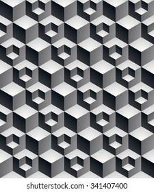 Regular contrast textured endless pattern with three-dimensional cubes, vector continuous black and white geometric background, 3d contemporary wallpaper.