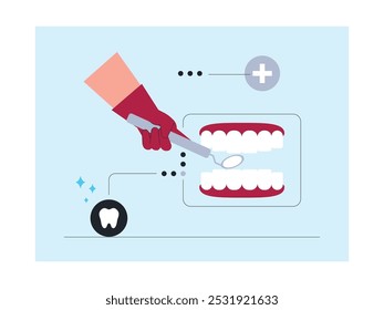 Os exames dentários regulares podem manter a saúde dentária, ilustração vetorial de um dentista.