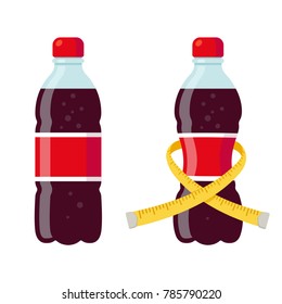 Regular And Diet Soda Bottles Vector Illustration. Skinny Bottle With Measuring Tape. Sugar And Artificial Sweeteners In Drinks.