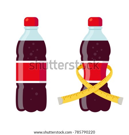 Regular and diet soda bottles vector illustration. Skinny bottle with measuring tape. Sugar and artificial sweeteners in drinks.