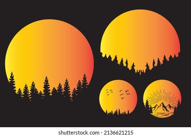 Regular and distressed retro sunset set. Five options with textured versions. Circular gradient background. T shirt design element. Vector illustration, flat