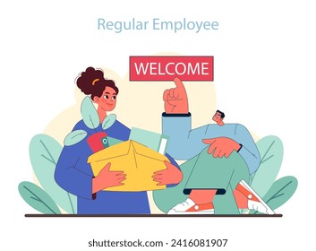 Regular Employee concept. Celebratory moment of transition with a welcome sign and a cheerful thumbs-up. Flat vector illustration.