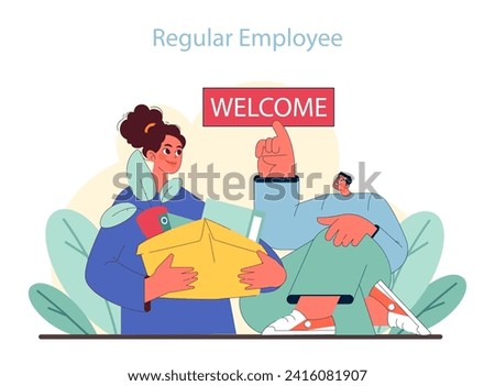 Regular Employee concept. Celebratory moment of transition with a welcome sign and a cheerful thumbs-up. Flat vector illustration.