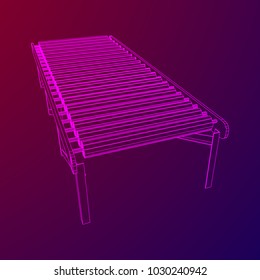 Regular empty roller conveyor section. wireframe low poly mesh vector illustration