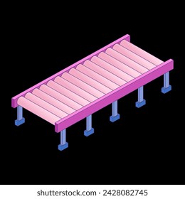 Regular empty roller conveyor section. Isometric vector illustration on black background.