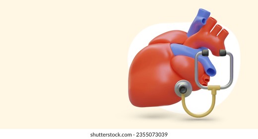 Regular examination of heart. Signboard template for cardiology department. World Heart Day. Prevention of heart diseases. Color banner with 3D composition