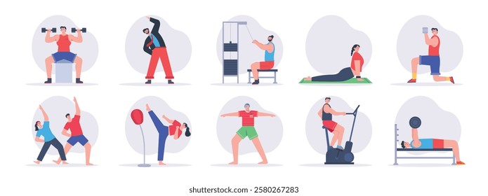 Regular exercise activities to maintain body fitness. Character design. Vector flat illustration packs