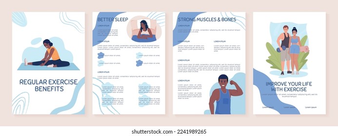 Regular exercise benefits flat vector brochure template. Health booklet, leaflet printable flat color designs. Editable magazine page, reports kit with text space. Sniglet, Comfortaa fonts used