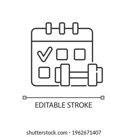 Regular exercise linear icon. Calendar to track gym attendance. Routine for workout. Thin line customizable illustration. Contour symbol. Vector isolated outline drawing. Editable stroke