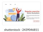 Regular Exercise snapshot. An individual celebrates an active lifestyle with fitness equipment, symbolizing commitment to physical well-being. Vector illustration.