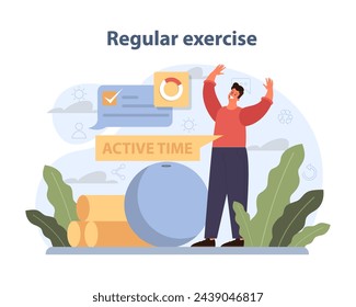 Regular Exercise snapshot. An individual celebrates an active lifestyle with fitness equipment, symbolizing commitment to physical well-being. Vector illustration.