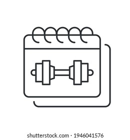 Regular exercises linear icon. Calendar with dumbbell. Health and training. Sport lifestyle. Thin line customizable illustration. Contour symbol. Vector isolated outline drawing. Editable stroke