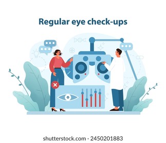 Regular Eye Check-Ups Illustration. A patient engages with eye examination equipment as a doctor assists, symbolizing routine vision healthcare. Flat vector illustration.