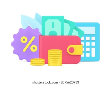 Regular financial analytics, household budget checking, corporate profit calculation, savings investment 3d icon isometric vector illustration. Accountant business finance wage with cash money