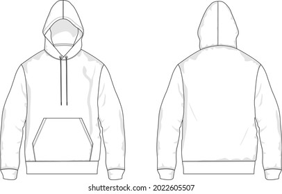 Regular fit Long Sleeve with pocket Cotton fleece hoodie technical fashion sketch vector illustration. Flat outwear jumper apparel template front and back view. Women, men unisex sweatshirt top CAD.