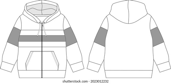 Regular fit Long Sleeve with pocket Cotton fleece hoodie technical fashion sketch vector illustration. Flat outwear jumper apparel template front and back view. Women, men unisex sweatshirt top CAD.