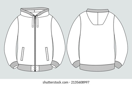 Regular fit Long Sleeve with pocket Cotton fleece hoodie technical fashion sketch vector illustration. Flat outwear jumper apparel template front and back view. Women, men unisex sweatshirt top CAD.