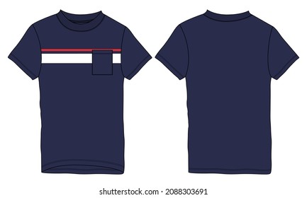 Regular fit Short sleeve  With Chest Red, White Stripe and pocket T-shirt technical  fashion Flat Sketch Navy Blue Color Template Front, Back Views. Vector illustration basic apparel design CAD.