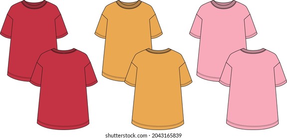 Regular fit Short sleeve with round style bottom T-shirt tops Technical fashion Flat sketch template for Ladies and baby girls. Set of collection Red, yellow, purple color Mock up Vector illustration.