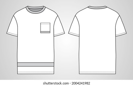 Regular fit Short sleeve T-shirt technical Sketch fashion Flat Template With Round neckline and Pocket. Vector illustration basic apparel design front and Back view. Easy edit and customizable.