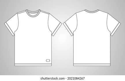 Regular fit Short sleeve T-shirt technical Sketch fashion Flat Template With Round neckline. Vector illustration basic apparel design front and Back view. Easy edit and customizable.